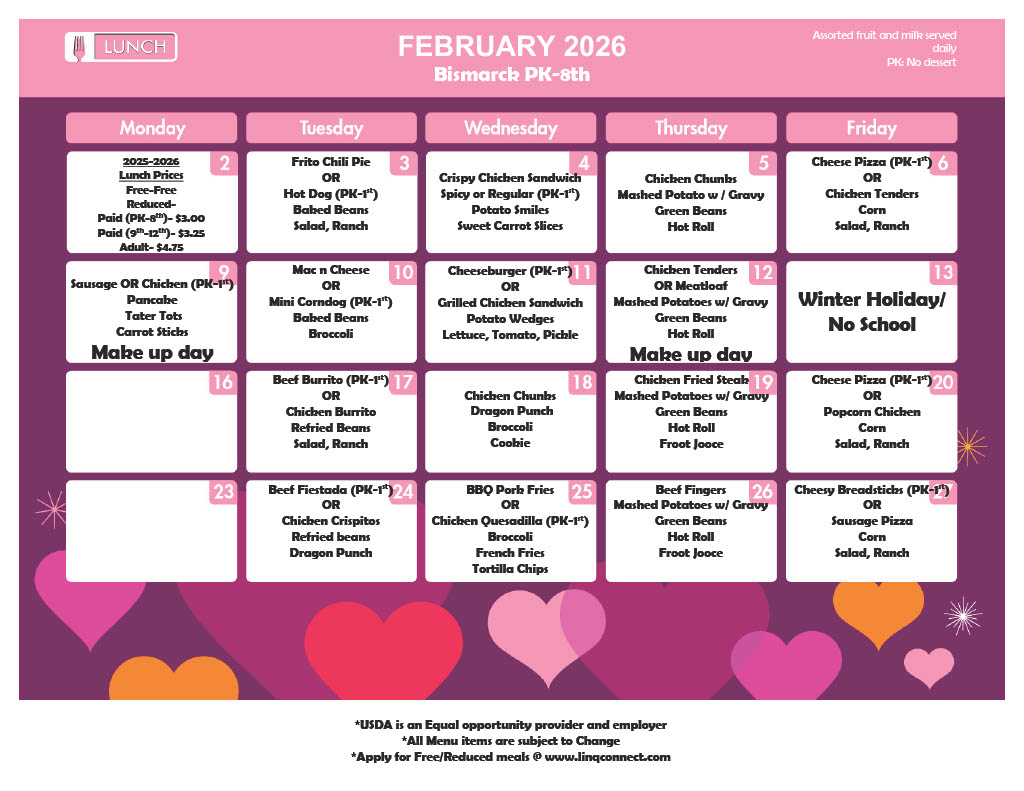February Lunch menu for PreK - 8th grade